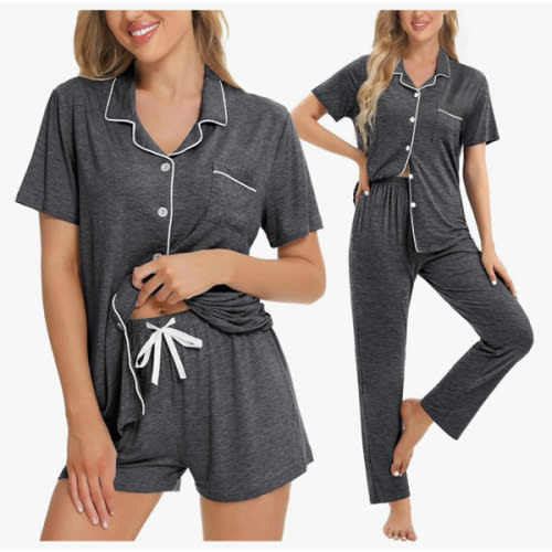 SWOMOG Womens 3pcs Button Down Pajamas Set Short Sleeve Sleepwear Bride Pj Lounge Set with Long Pants