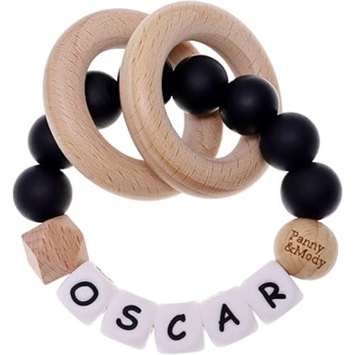 Personalized Baby Keepsake Rattles with Name, Panny & Mody Customizable Silicone Baby Keepsake Rattle with Natural Organic Beech Wood Rings for Gift - Black