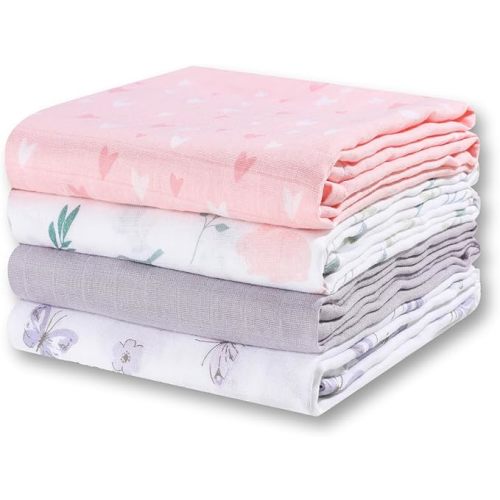 Little Grape Land Muslin Swaddle Blankets 47''x47'' 4 Pack, 100% Cotton Large Size Baby Swaddles for Newborn, Soft Breathable Baby Blankets for Newborns, Butterfly&Bunny