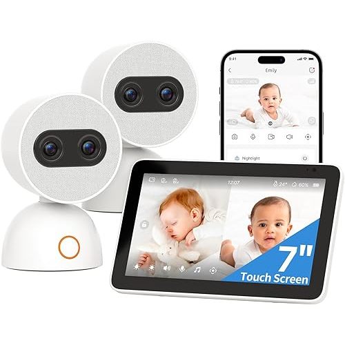 Simsky Split Screen Video Baby Monitor with 2 Cameras, 2× 4MP Resolution, 7" HD Touch Screen Smart Audio Baby Monitor, 6X Optical Quality Zoom, App Remote Access, 5200mAh Battery, 32GB Local Storage