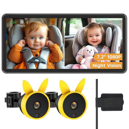 BV3 PRO Baby Car Camera for 2 Kids - 7.2" Large HD Display Dual Channel Baby Monitor, 1080P IR Night Vision Car Seat Camera, Easy Install Rear-Facing View – Ideal for Kids and Pet Safety