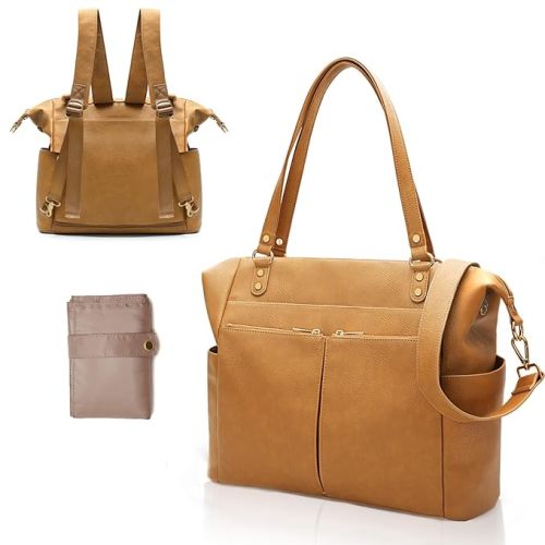 MOMINSIDE Diaper Bag Tote, Leather Diaper Bag Backpack with 14 Pockets for Mom Dad, Convertible Baby Bag for Boys Girls, Baby Registry, Changing Pad, Large 4 Insulated Pockets (Biscuit)