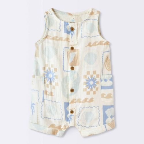 Baby Boys' Woven Postcard Graphic Romper - Cloud Island™ Ivory Newborn