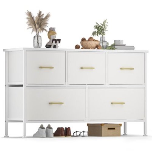 YILQQPER Media Dresser with 5 Drawers for Kids' Room Chest of Drawers with Sturdy Steel Frame, Fabric Bins, Leather Finish, Wood Top, White