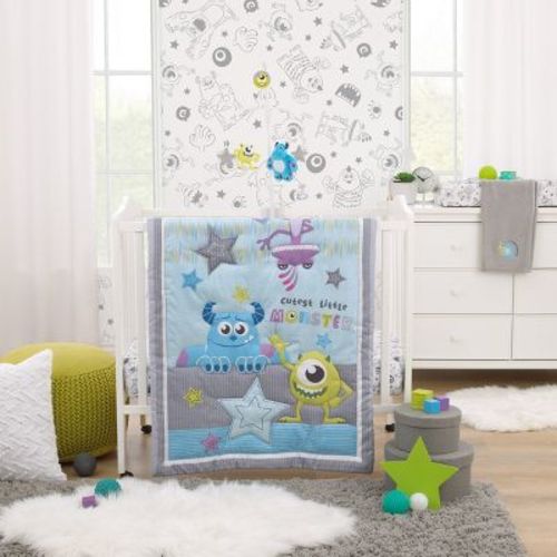 Disney Monsters, Inc. Cutest Little Monster Turquoise, Green, Purple, And Gray, Sully, Mike, And Randall 3 Piece Nursery Mini Crib Bedding Set