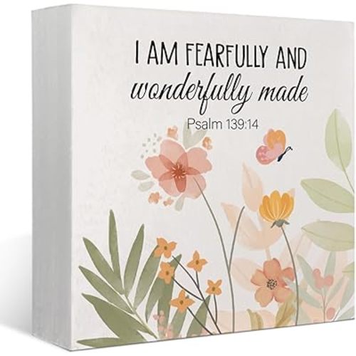 Letrero de madera con versículo bíblico, caja de madera bohemia, regalo religioso cristiano, estoy aterrorizado y maravillosamente hecho, inspirador cristiano para guardería, decoración de