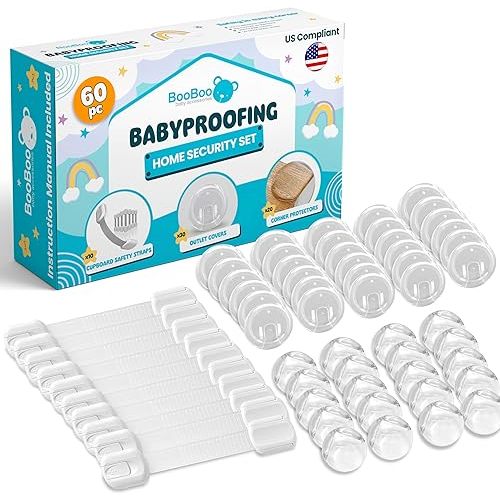 Booboo (60 Pack) Child Safety Baby Proofing Kit | x10 Cabinet Drawer Locks, x20 Corner Guards, x30 Outlet Covers | Baby Proof Your Home & Kitchen with No Trapped Fingers | No Tools Needed