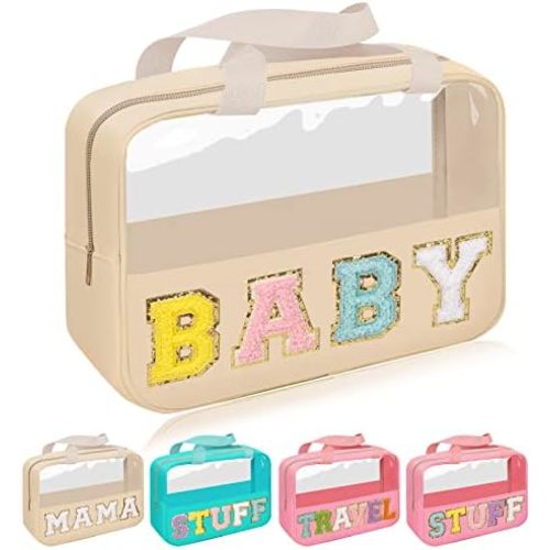 Iqimott Chenille Letter Patch Baby Bag, Preppy Clear Makeup Cosmetic Bag Large Toiletry Storage Tote Bag with Handle, Transparent Nylon Waterproof Organizer Zipper Pouch for Travel Women Girls(Beige)