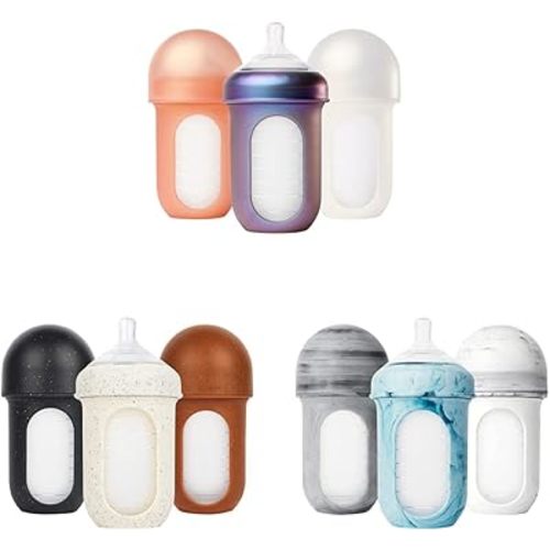 Boon Nursh Reusable Silicone Baby Bottles with Collapsible Silicone Pouch Design - Baby Bottle Set - Baby Feeding Essentials - Stage 2 Medium Flow - 8 Oz - 3 Count