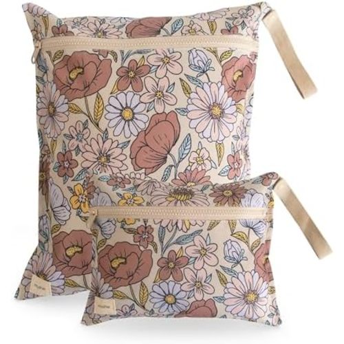 mushie Water Resistant Wet Bags | Large & Small Reusable Storage Bag for Baby Items and Travel | Zippered Pockets with Handle | Machine Washable, Set of 2 (Retro Flowers)