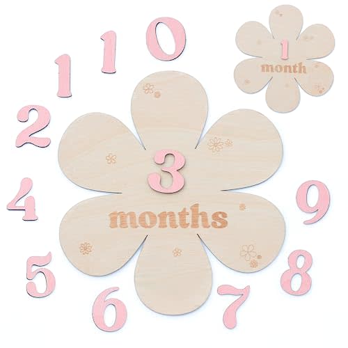 Baby Monthly Milestone Cards - Wooden Monthly Milestone Discs - Newborn Photography Props to Document Your Baby´s Growth - Baby Announcement Sign (Peta Flower)