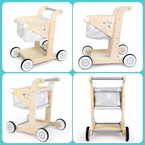 Asweets 2 in 1 Wooden Baby Walker Push and Pull Doll Stroller,Shopping Cart Learning Walker for Boys and Girls Sit Stand Learning Walker Toddler Toy