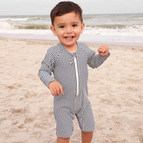 Long Sleeve Rash Guard Swim Romper Shortie | Seersucker Navy