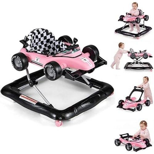 HONEY JOY Baby Walker, 4-in-1 Foldable Infant Activity Push Walker, Toddler Car Walker with Adjustable Heights, Music, Lights, Padded Seat, Baby Walker with Wheels for Boys Girls 6-18 Months (Pink)