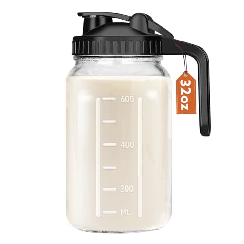 Mihlapi Mason Jar Pitcher With Lid and Spout, 32 OZ Glass Milk Pitcher for Breastmilk, Thick Glass Jug Sun Tea Pitcher, Fruit Drinks Container, Mason Jar Pour Spout Lid with Wide Mouth for Fridge
