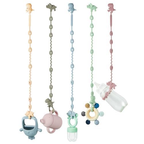 PandaEar Baby Toy Straps - 5 Pack Dinosaur Silicone Pacifier Teether Harness Straps - Adjustable Baby Toy Holder for Bottles, Strollers, High Chairs, Cribs