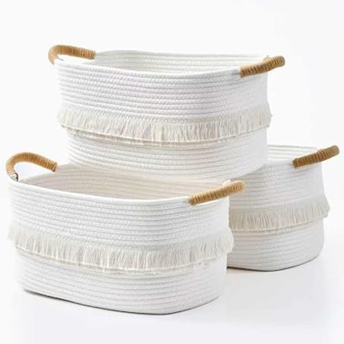Storage Bins Woven Baskets for Storage Set of 3, Cotton Rope Basket with Handles for Toys/Shelves/Laundry, Rectangle Multi-Purpose Organizer for Living Room, Bedroom, Nursery (White)
