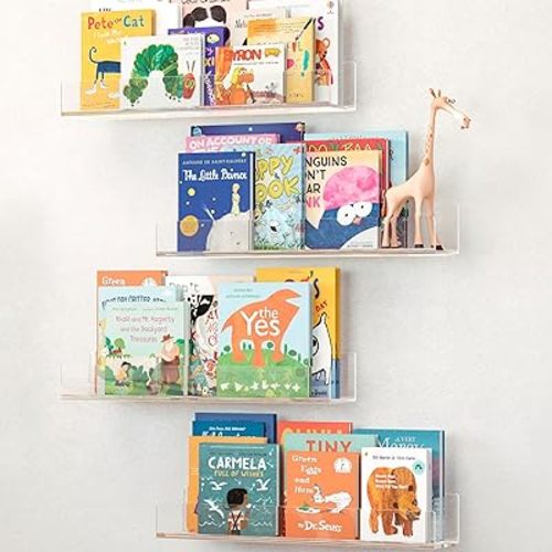NATURE SUPPLIES Acrylic Bookshelf, Set of 4, 16" Clear Floating Shelves, Modern and Durable Nursery Wall Display for Toys, Stylish Acrylic Shelves for Home or Office Space-Saving Storage Solution