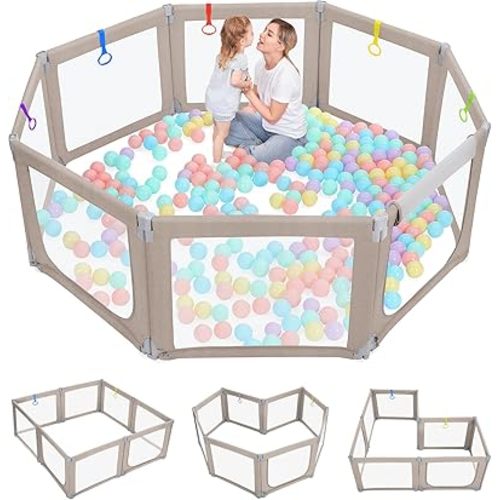Dripex Foldable Baby Playpen, 71"×69" Play Pens for Babies and Toddlers, Safe Anti-Fall Play Yard with Gates, Baby Fence with Breathable Mesh, Indoor & Outdoor Kids Activity Center, Khaki