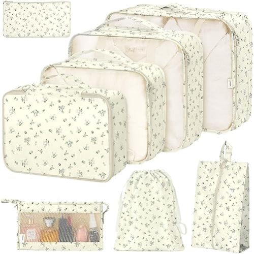 8 Set Packing Cubes for Suitcases, Packing Cube with Shoe, Cosmetics, Clothing, and Accessories Bags for Travel Luggage Organizer Women Men(Grey Flowers)