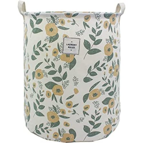 Mziart Collapsible Laundry Basket, Floral Printing Large Laundry Hamper for Baby Girls Kids Toys Clothes Organizer Foldable Storage Bin Waterproof Canvas Nursery Storage Basket with Handles (Green)