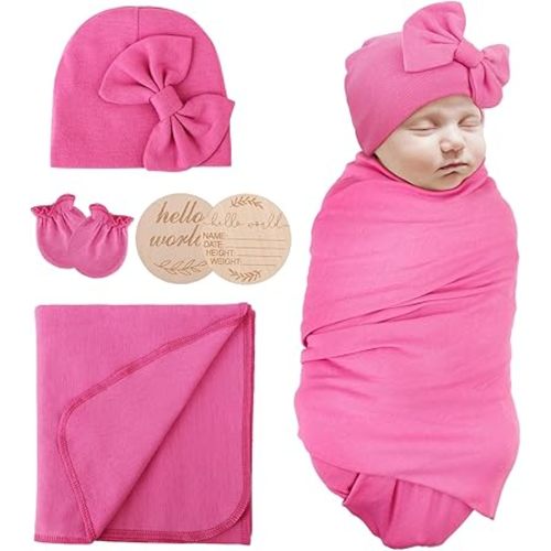 Newborn Receiving Blanket with Bow Hat Mittens Wooden Card Set Newborns Toddler Baby Boy Girl Nursery Swaddle Wrap