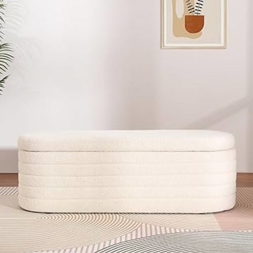 Teddy Storage Ottoman Bench Modern Upholstered Storage Bench Sherpa Window Entryway Bench Oval White Ottoman with Storage for Living Room Bedroom Bench End of Bed
