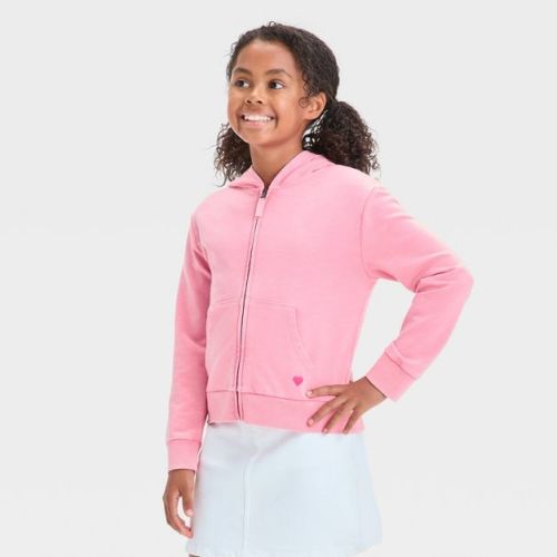 Girls' Hearts French Terry Zip-up Hoodie - Cat & Jack™ Cream L Plus
