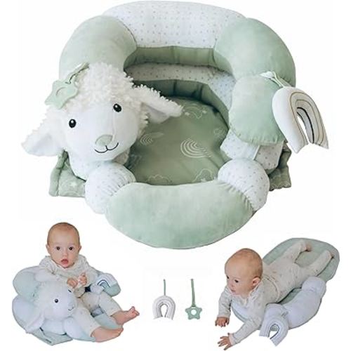 2-in-1 Tummy Time Mat and Seated Support with Sensory Toys – for Newborns and Babies – Includes Detachable Cushion for Supervised Play & Head/Neck Development (Sage)