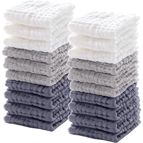 Breling 20 Pcs Baby Muslin Washcloth 12 x 12 Inch 100% Cotton Soft and Absorbent Muslin Washcloth Burp Cloth Wipe Newborn Face Towel for Baby Boy Girl Sensitive Skin(White, Light Gray, Gray)