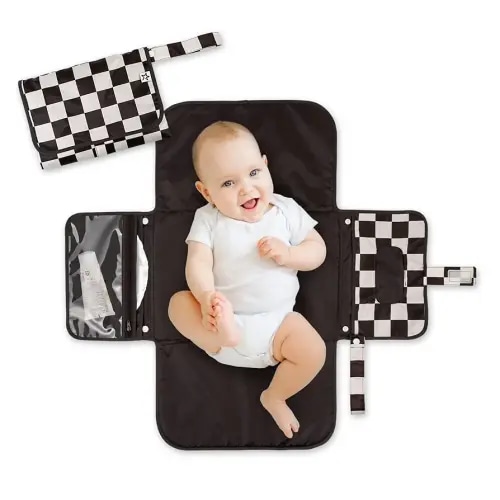 Tiny Twinkle Portable Diaper Changing Pad-Foldable Waterproof Changing Mat&Portable Changing Pad for Travel,Baby Changing Station with Smart Wipes Pocket&Storage (Black Checkers)