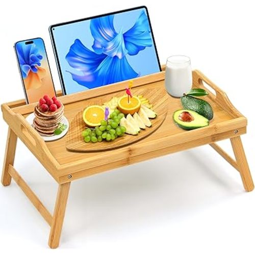 Tray Table for Bed, Bamboo Breakfast Tray with Folding Legs and Handles, Natural Color Bed Tray with Media Slot, Ideal for Eating, Serving or Working in Kitchen, Sofa or Bedroom