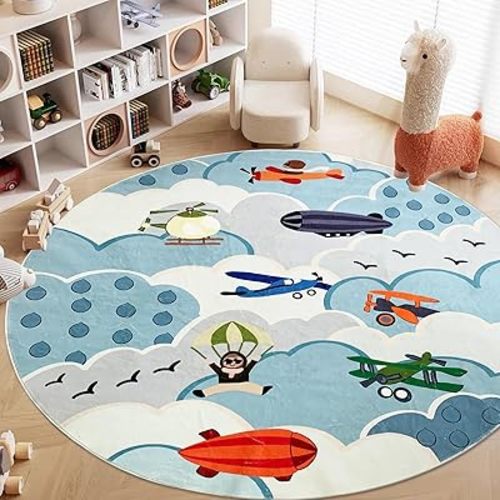 ABREEZE Faux Wool Kids Play Mat 6ft,Animal Round Area Rug Kids Nursery Door Mat Soft Plush Non-Slip Childrens Carpet for Bedroom Living Room Kids Playroom,Plane