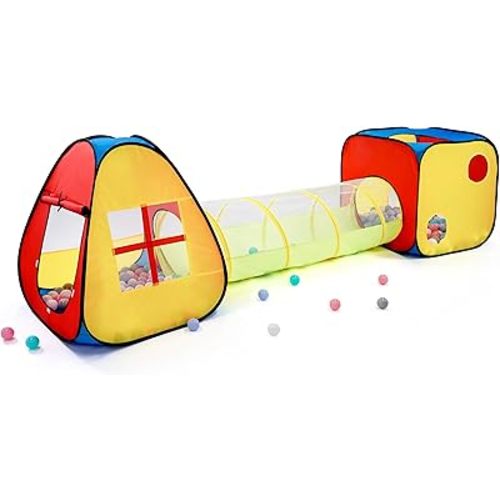 3 in 1 Pop Up Kids Play Tent with Tunnel and Ball Pit for Kids, Boys, Girls, Babies and Toddlers, Indoor/Outdoor Playhouse, Red&Yellow&Blue