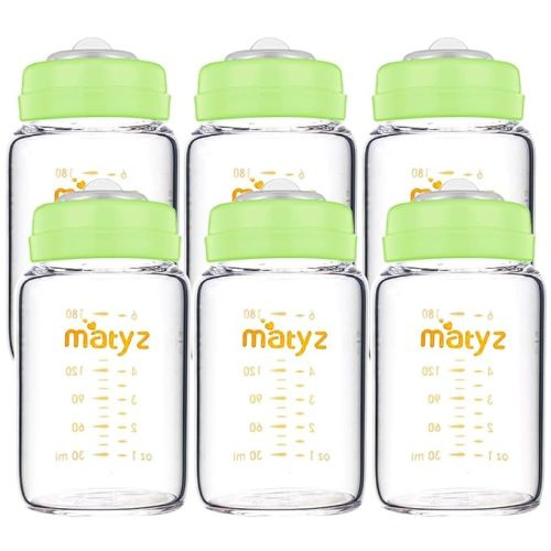 Matyz Glass Breastmilk Storage Bottles, 6 Pack, 6 oz, Compatible with Spectra Medela Breast Pump - Store, Freeze, Warm Up Milk Well - Wide Mouth Breastmilk Storage Containers - No BPA (Green Lids)