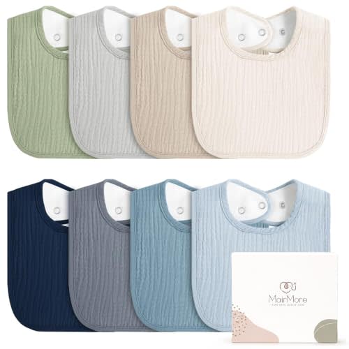 MairMore Muslin Baby Bibs, Drool Bibs for Boys and Girls, 8-Pack | Adjustable Snaps, Cotton Front Soft Fleece Back, Baby Bibs for Drooling & Teething, for Newborn, Toddler Aged 0-36 Months