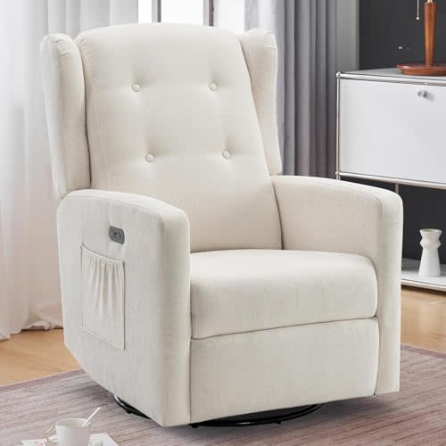 Ketaiyou Power Swivel Rocking Recliner Chair, Electric Rocker Nursery Glider Chair, USB and Type-C Ports, Upholstered Fabric Reclining Single Sofa Chair for Living Room (Beige)