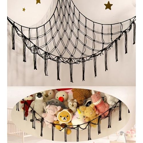 Stuffed Animal Storage Hammock or Net Corner - Large Toy Hammock Net for Stuffed Animals Room Decor - Cute Stuff Animal Organizer Plush Holder - Kids Baby Nursery Essentials Wall Bedroom Home Decor