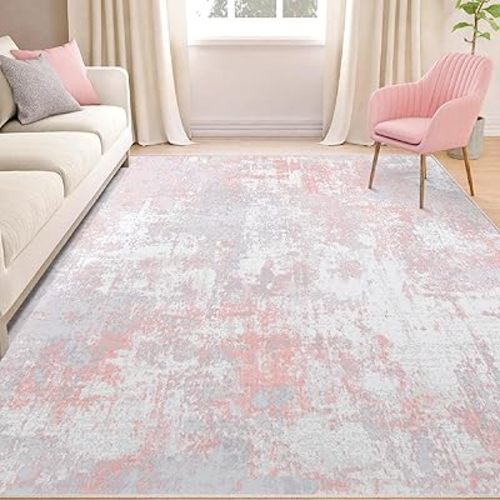 Washable Area Rugs 5'x7' Non-Slip Modern Abstract Soft for Living Room Entryway Bedroom, Print Pattern, Grey Pink