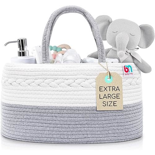 Rope Diaper Caddy - Storage for Baby and Toddler Items - Portable Cotton Organizer Easily Holds Diapers, Wipes, Clothing - Useful for Nursery, Bedroom (Gray, Extra Large)