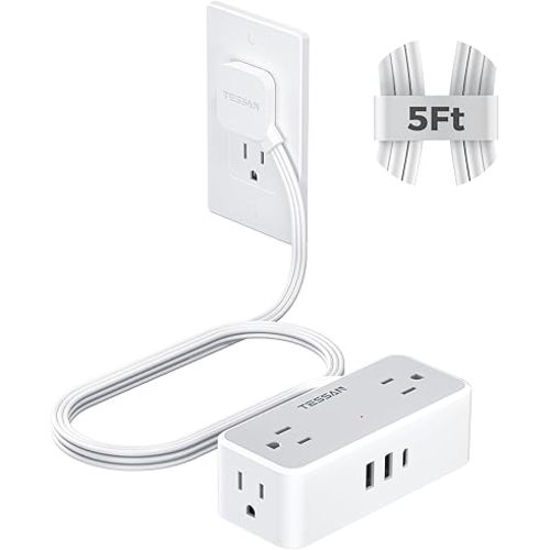 TESSAN Extension Cord 5 FT, Power Strip with 900J Surge Protection, Grey