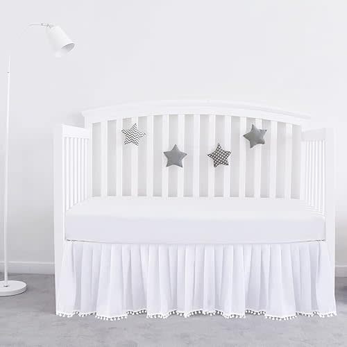 Crib Bed Skirt White for Girls Boys Pleated with Tassel Pompoms Dust Ruffled 14" Drop, Fit All Standard Crib Toddler Bed Skin-Friendly & Soft Machine Washable Nursery Bedding Skirts