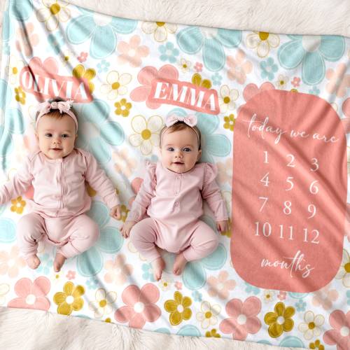 Twin Milestone Blanket - Twins Girls Floral Months Pink - Baby Shower Gift - New Baby Name Gift - Newborn Photo Prop - Twin Mom Gift