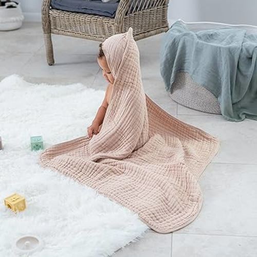 Comfy Cubs 2 Pack Baby Hooded 9 Layer Muslin Cotton Towel for Kids, Large 32” x 32”, Ultra Soft, Warm, and Absorbent. Baby Essentials Bath Towels, Cute Unisex Cover for Girls and Boys (2 Pack, Blush)