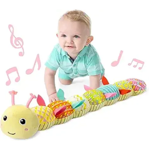 LIGHTDESIRE Baby Toys Musical Caterpillar,Infant Toys Stuffed Animal Toys with Ruler Design and Ring Bell,Baby Teething Toys for Tummy Time Newborn Boys Girls 0 3 6 12 Months(Yellow) - Yellow With Teether