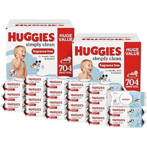 Huggies Simply Clean Unscented Baby Diaper Wipes, 22 Flip-Top Packs (1408 Wipes Total), Packaging May Vary (Pack of 4)