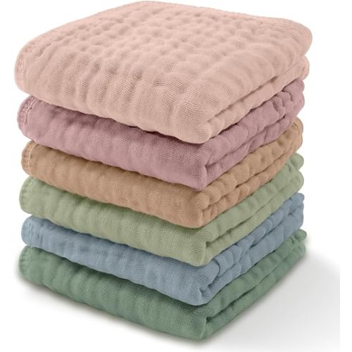 Comfy Cubs Muslin Baby Washcloths 6 Pack - Soft 6-Layer Cotton Wash Cloths for Sensitive Skin - 10"x10" Large, Gentle, Absorbent Infant Essentials for Newborn and Toddlers - (Multicolor)
