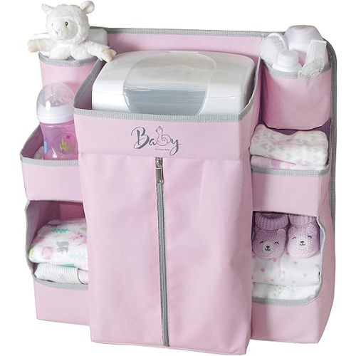 Pink Elegant Nursery Hanging Organizer for Baby Essentials | 8-Compartment Baby Crib Storage Organizer