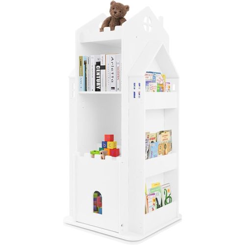 Kids Bookshelf 360 Display Castle Rotating Bookshelf Toy Storage Organizer Rack, Floor Standing Wood Book Shelf Children's Bookshelf Home Office Furniture (White)
