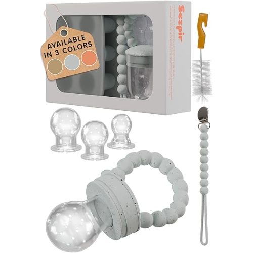 Silicone Baby Fruit Feeder Pacifier with Freezer Tray Made from Safe and BPA Free Materials, Suitable for Fruits, Veggies, Puree or Frozen Breast Milk Popsicle Teether with Clip Strap, Gray Speckled